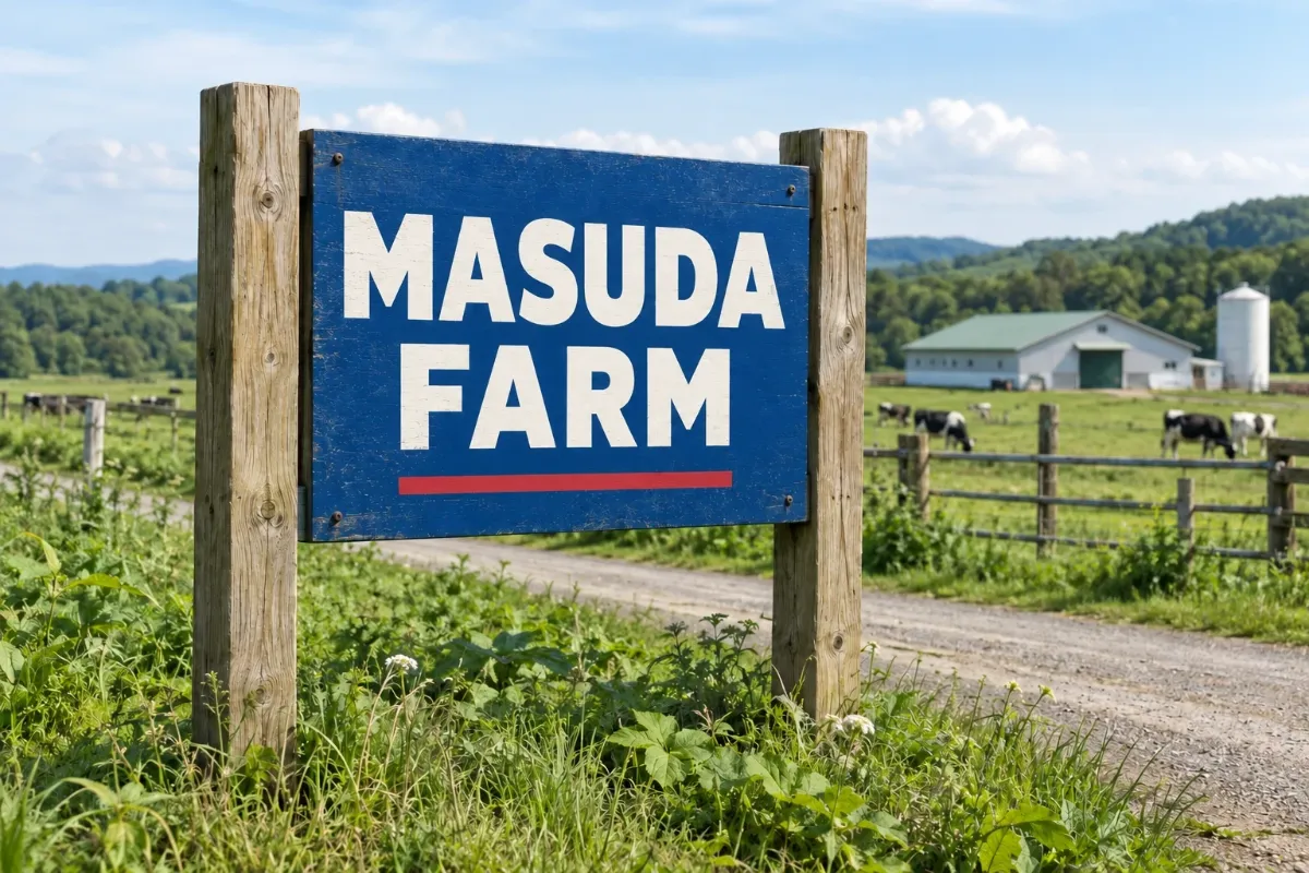 青い看板に白でMASUDA FARMと記したサイン。