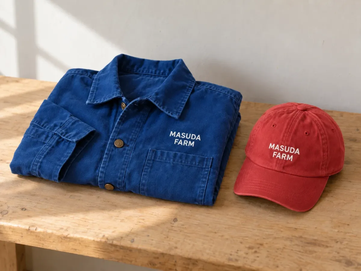 青い作業着と赤いキャップに白でMASUDA FARMと刺繍した制作イメージ。